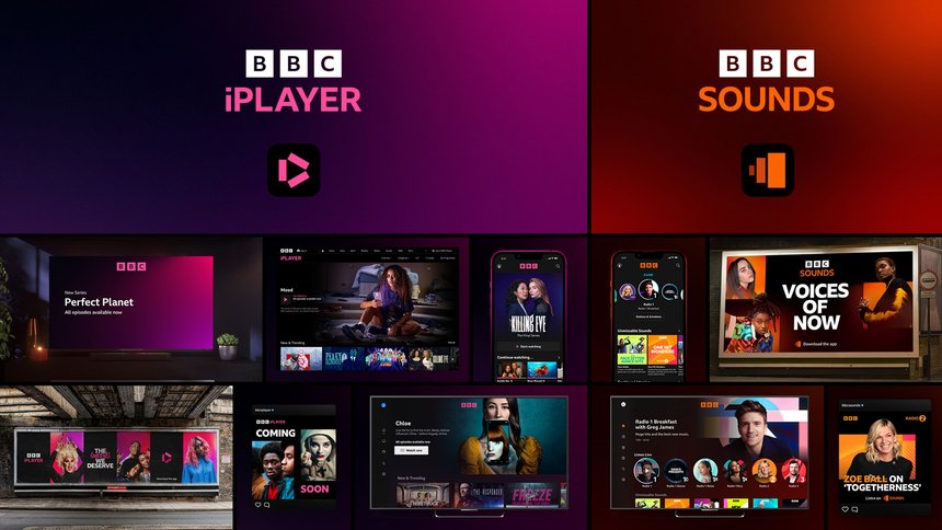Collage showing the iPlayer and Sounds brands with mesh gradients that mix together shades of purple and orange, respectively.
