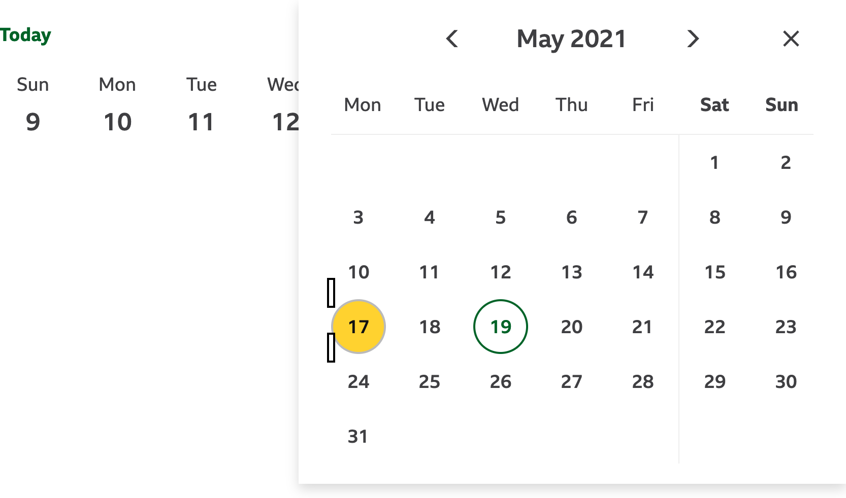 Screenshot of a calendar with two shadows in little squares above and below a circular button. It's not appearing as one shadow around the circle.