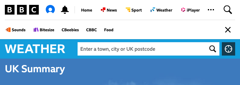 Screenshot of BBC global navigation bar opened using the 'more' button.