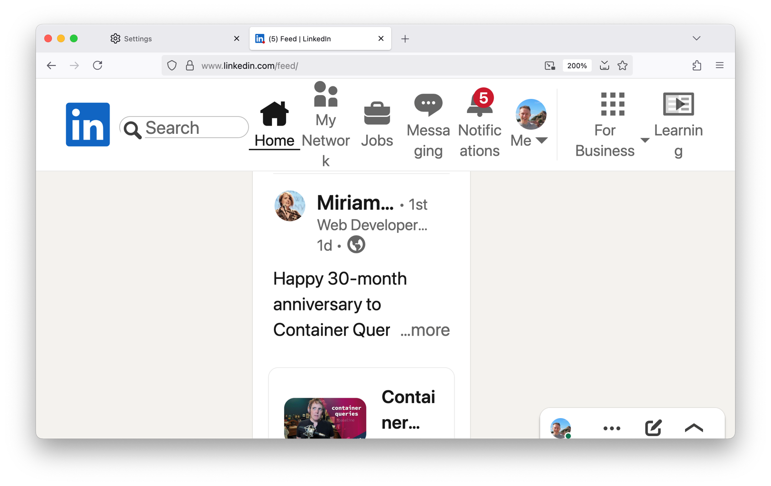 Screenshot of LinkedIn with 200% text scaling. A lot of text is squashed and truncated in the navigation bar and on someone's post.