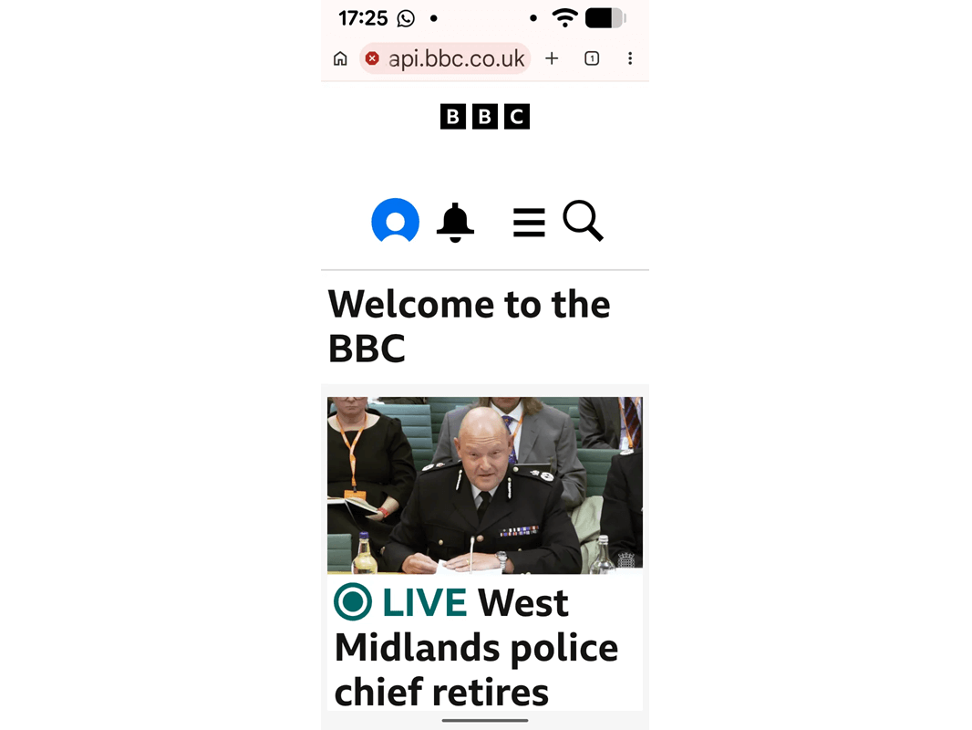 Screenshot of the BBC homepage on a mobile sized viewport using the meta tag. All of the text is double the size.