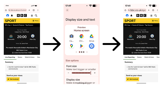 If an Android user increases their text scale on their display size and text settings page, website text doesn't get bigger in Chrome. It looks the same.