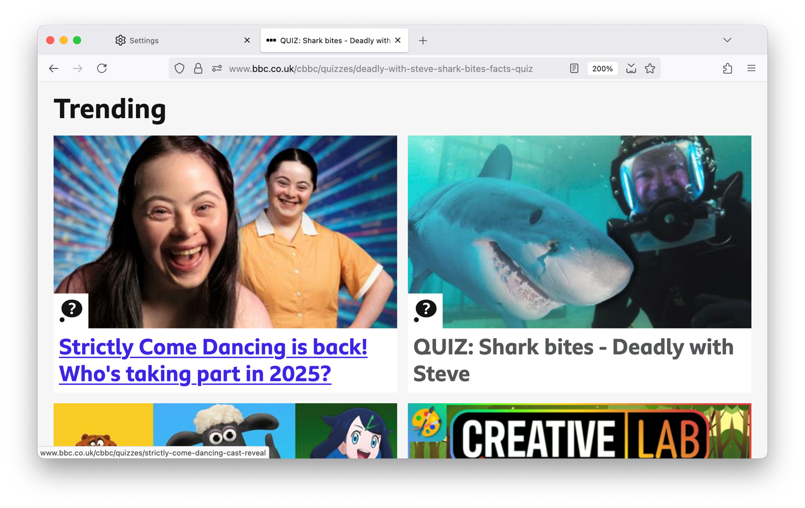Screenshot of the CBBC website with text scaled by 200%. The text and images are larger but the padding and gaps are the same.
